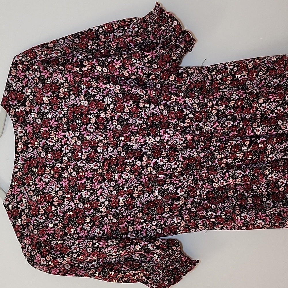 Aqua Red Gold Pink Floral Puff Short Sleeve Boho Midi Dress SZ M - Picture 11 of 16